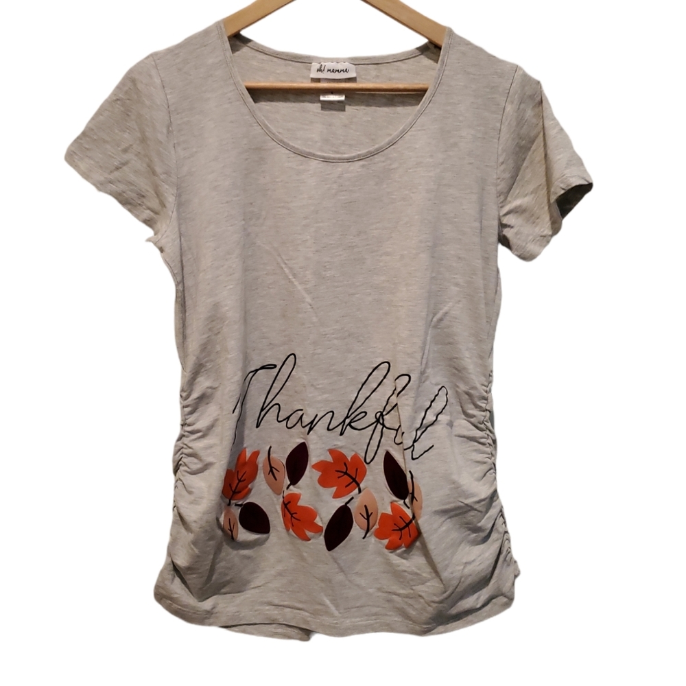 OH MAMA Thankful Maternity Shirt - Size Large - Light Grey EUC